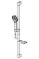Wandstangengarnitur von HANSA mit Duschkopf und Ablagefläche, installiert an einer vertikalen Stange. Einheit in Silber mit einer minimalistischen Bauform.